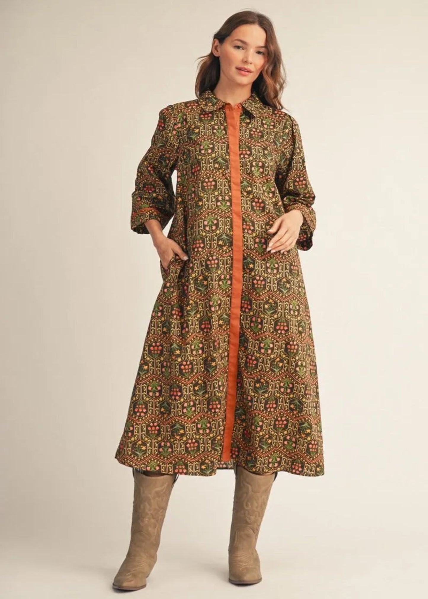 SIENNA DRESS - OLIVE/TOFFEE