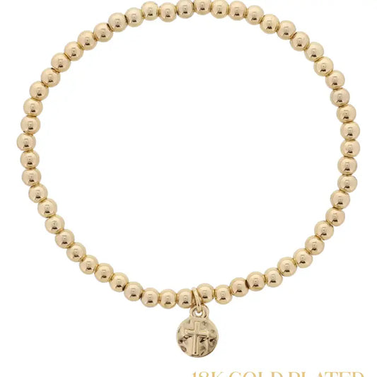 GOLD PLATED GOLD BALL BEADED WITH HAMMERED CROSS BRACELET