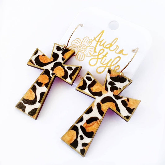 Cross Dangle Earring- Leopard Print-Religious