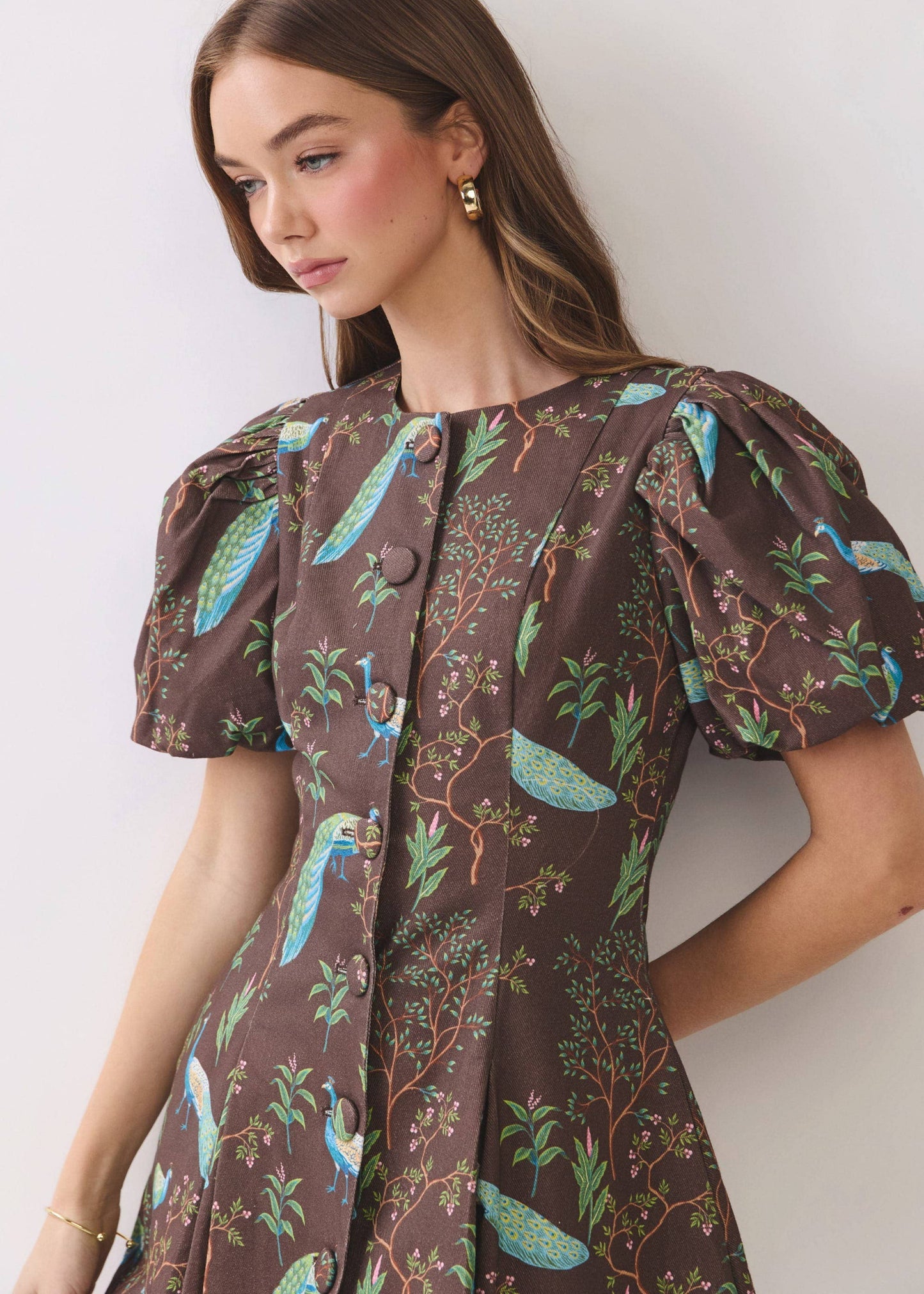 Peacock Print Puff Sleeve Button Down Mini Dress