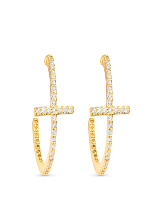 Cz Cross Hoop Earrings - Gold