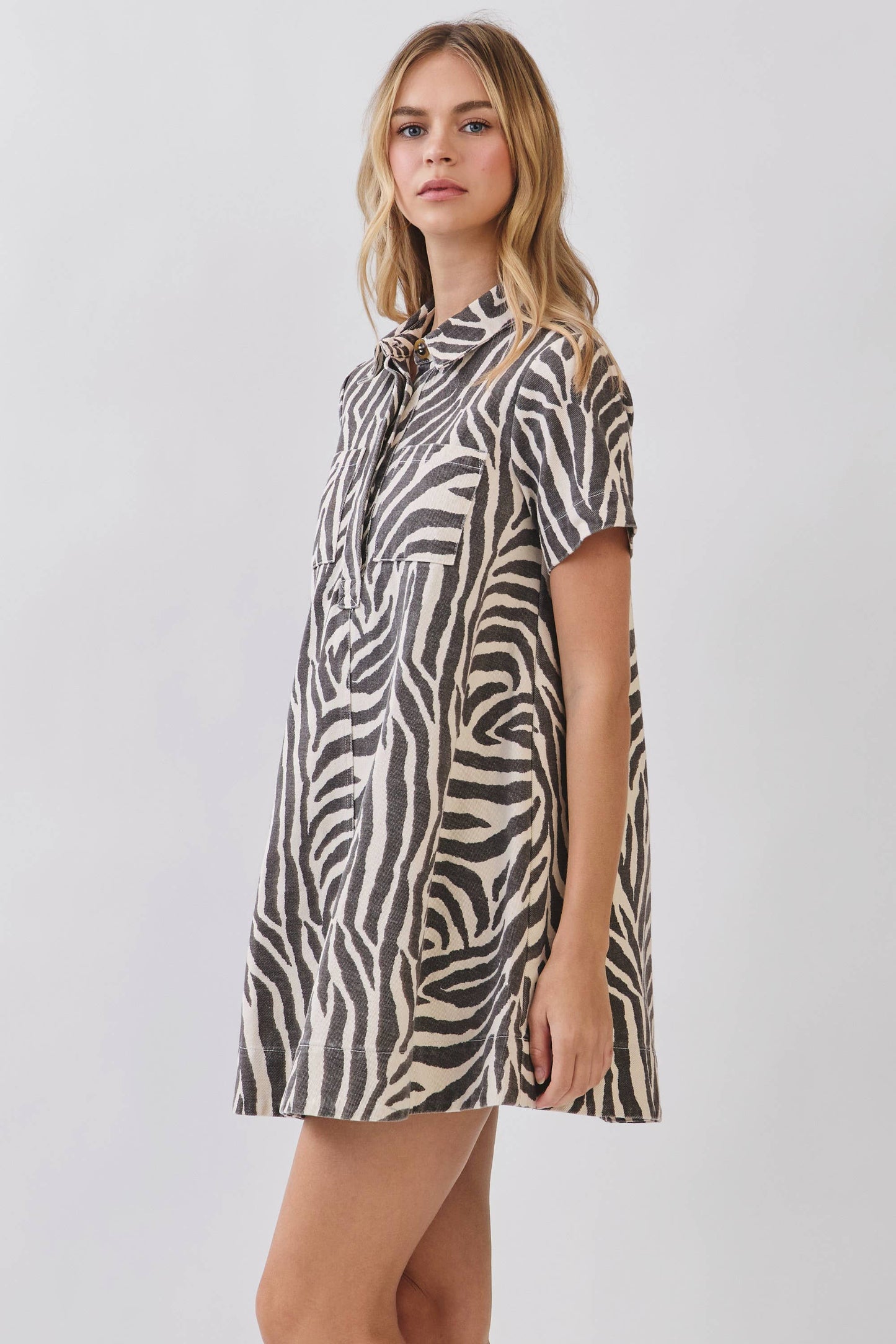 CD07293-Zebra Print Button Down Collared Mini Dress