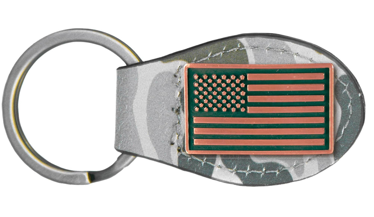 Green Old School Camo Leather Key Fob. Bass, Lab, Deer, Mallard, Turkey, Shot Shell, USA Flag