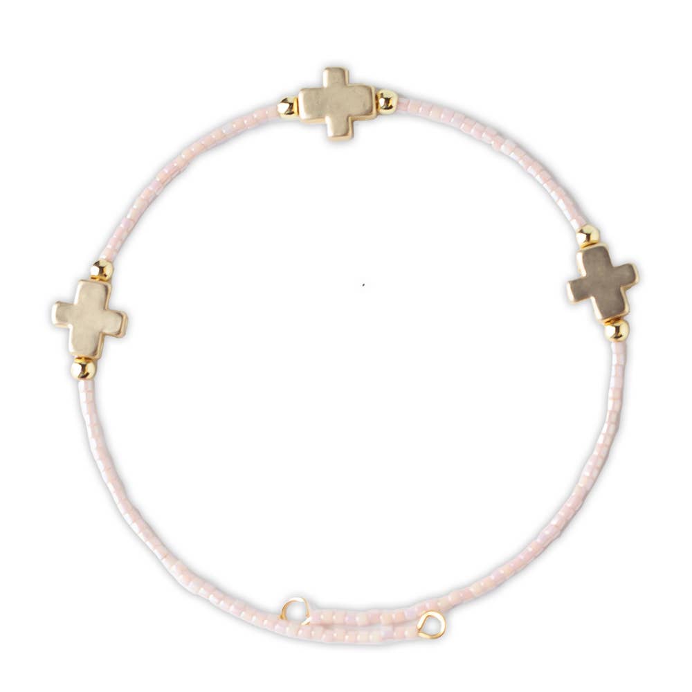 Faithful Beaded Cross Bangle w/ Matte Gold Crosses-Champagne