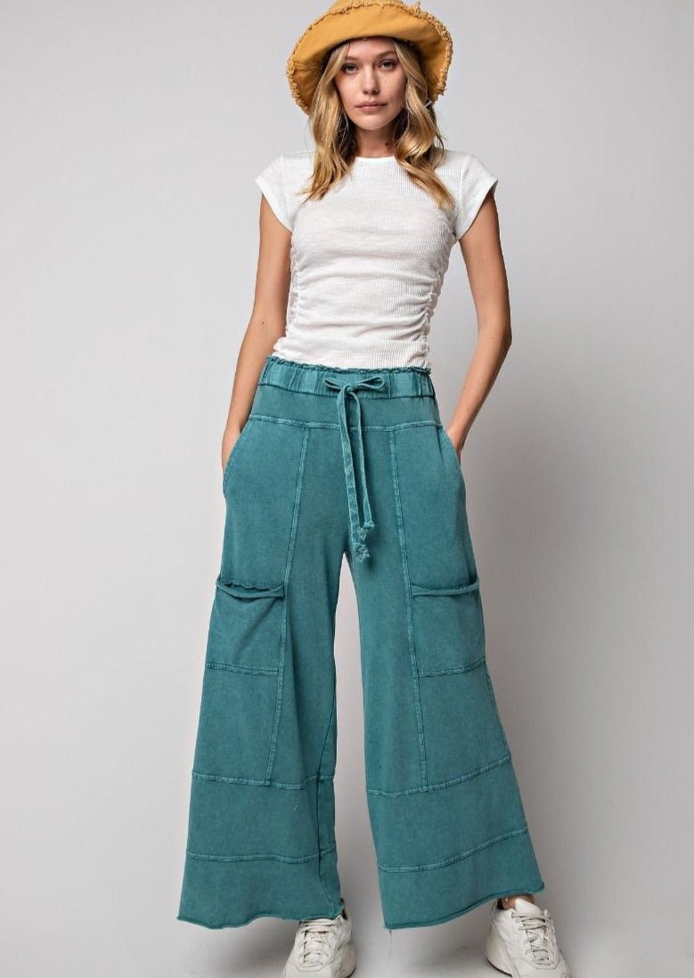 CAMILLE TERRY KNIT PANTS-TEAL GREEN