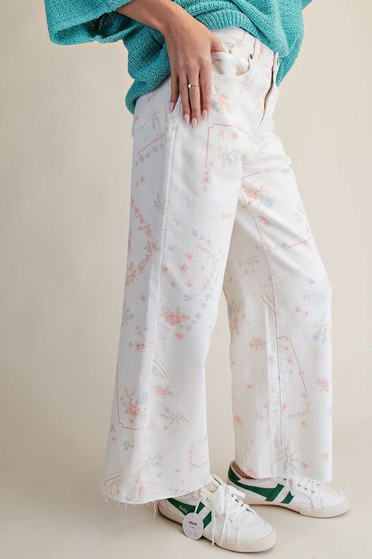 ELIZA CROSS STITCH PATTERN WASHED TWILL PANTS-WHITE