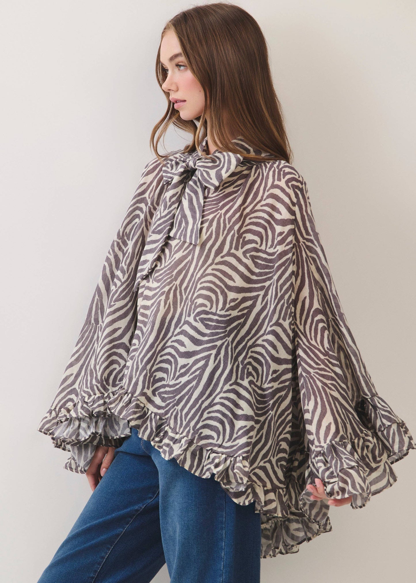 Zebra Print Ruffle Detail High Low Hem Blouse
