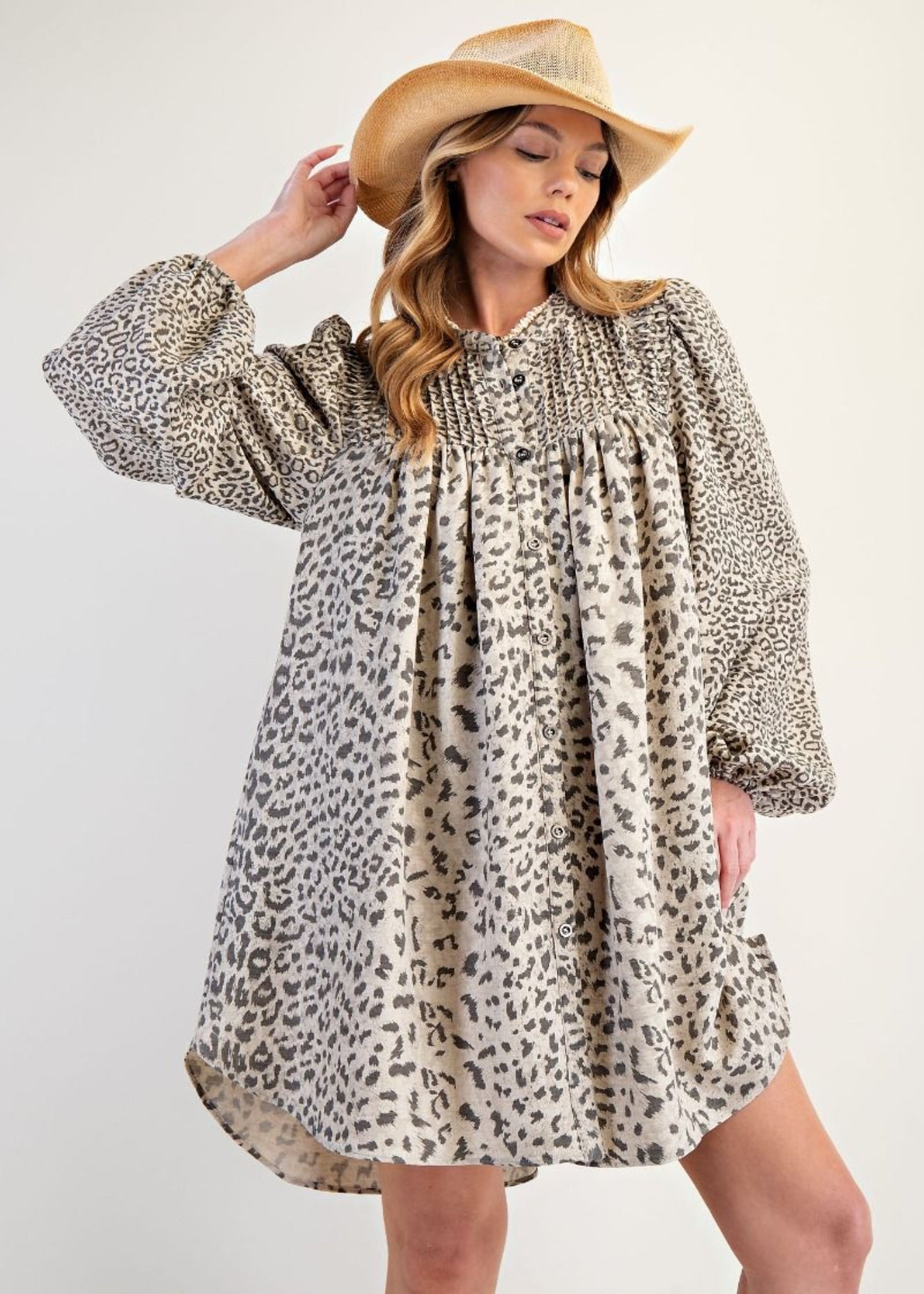 KELSEY ANIMAL PRINT DRESS - MUSHROOM
