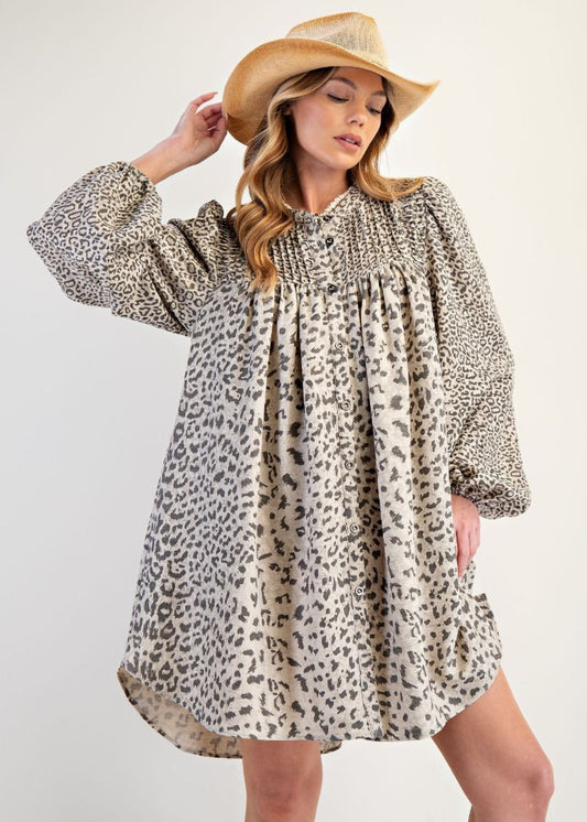 KELSEY ANIMAL PRINT DRESS - MUSHROOM