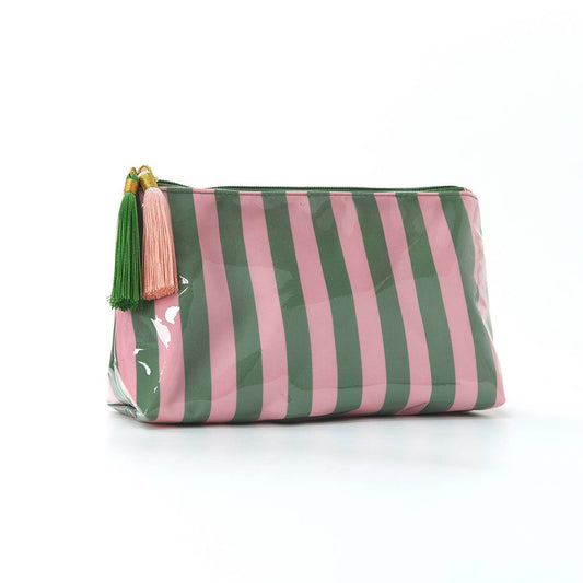 Color‑Block Stripe Makeup Bag Tassel Waterproof Cosmetic Bag - GREEN AND PINK