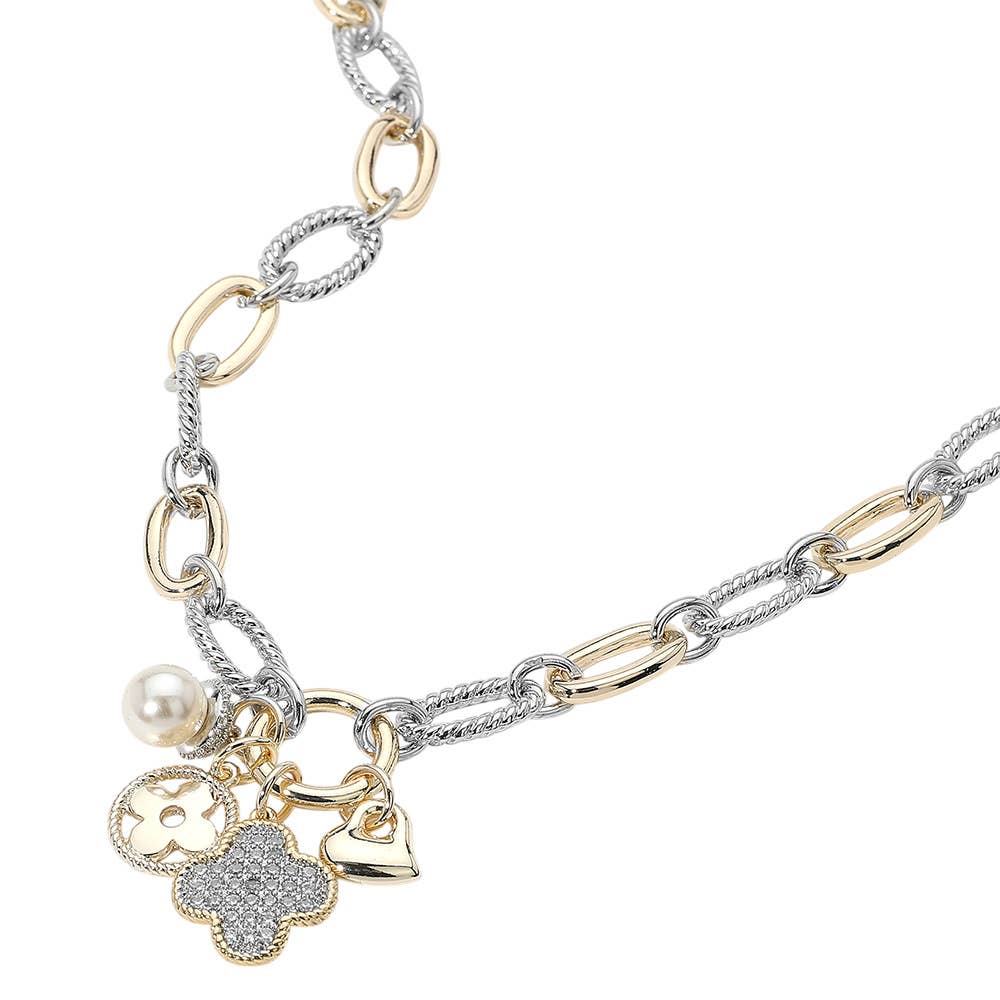 14K Gold Plated CZ Paved Quatrefoil Metal Heart Necklace