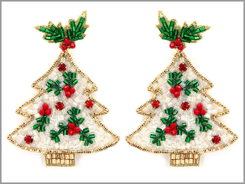 White with Green and Red Seed Bead Christmas Tree 2.5" Earring