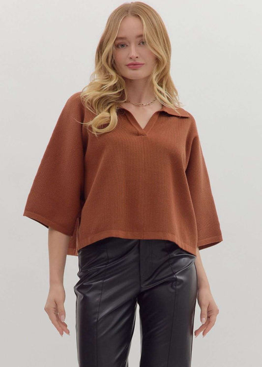 CAMILLE 3/4 SLEEVE KNIT TOP-BROWN