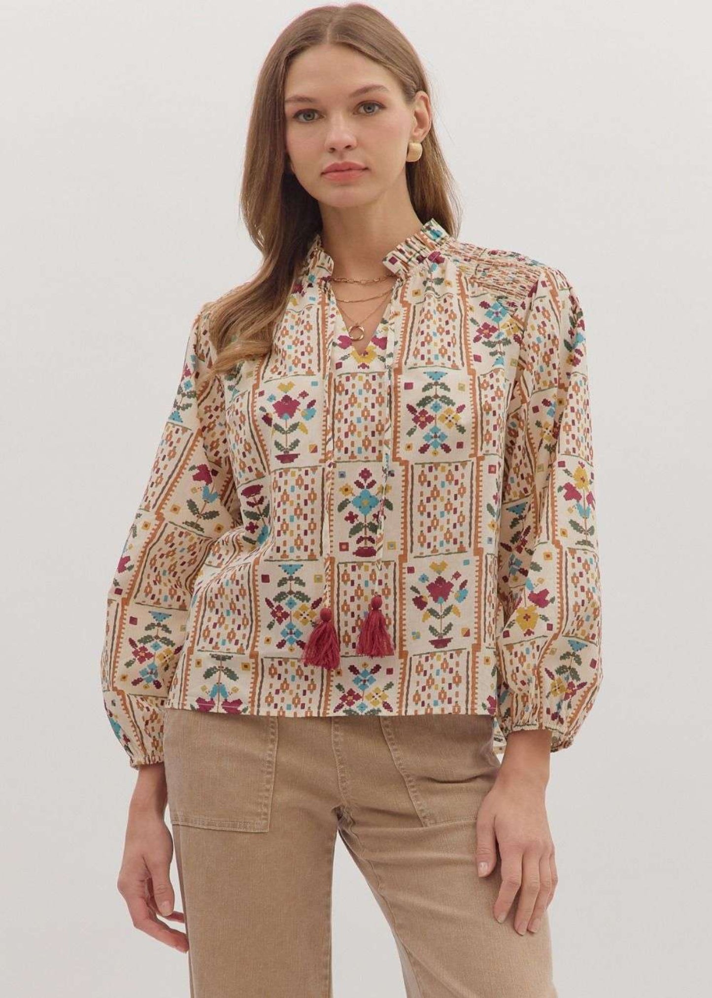 LAUREL GEOMETRIC FLORAL PRINT LONG SLEEVE TOP-ECRU