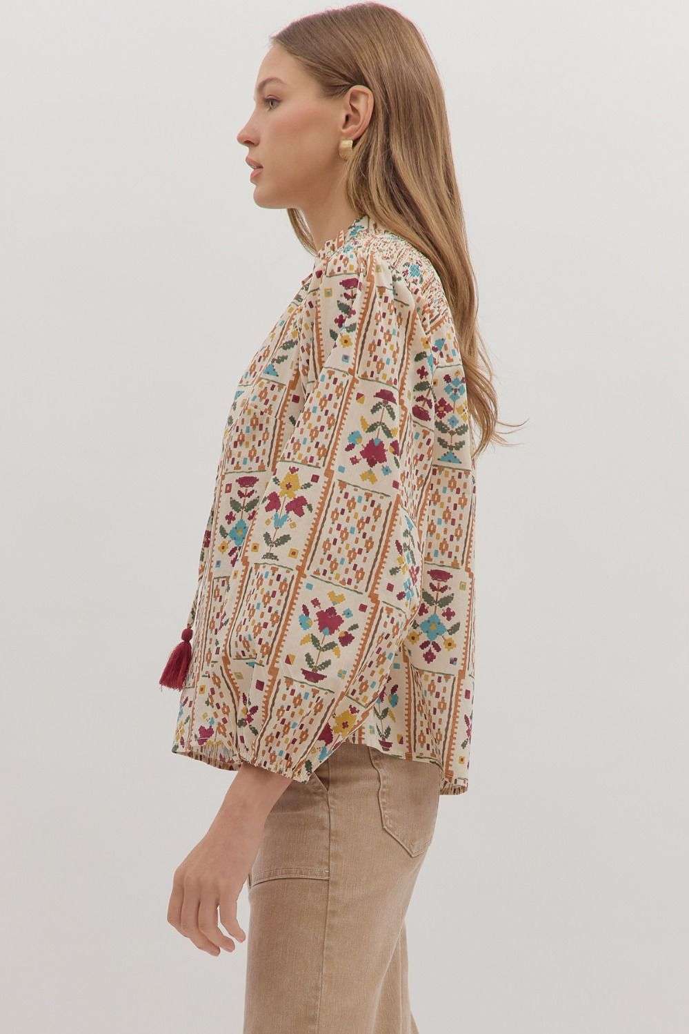 LAUREL GEOMETRIC FLORAL PRINT LONG SLEEVE TOP-ECRU