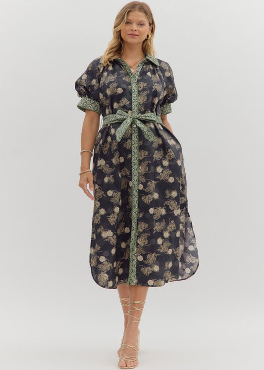 RYNN FLORAL PUFF SLEEVE MIDI DRESS-NAVY