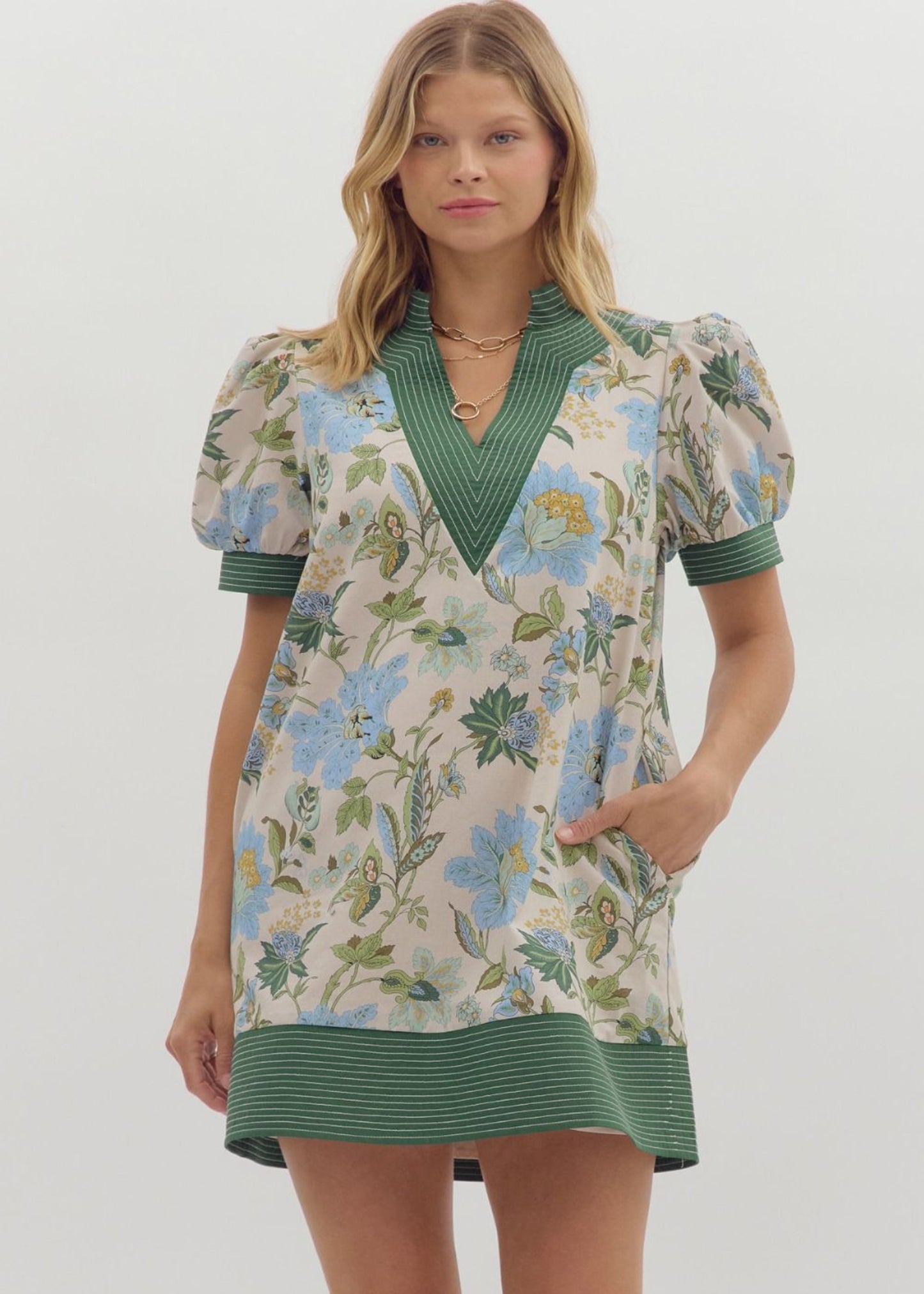 JAYDEE FLORAL PRINT PUFF SLEEVE PULLOVER DRESS-ECRU