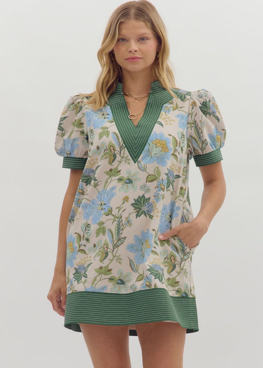 JAYDEE FLORAL PRINT PUFF SLEEVE PULLOVER DRESS-ECRU