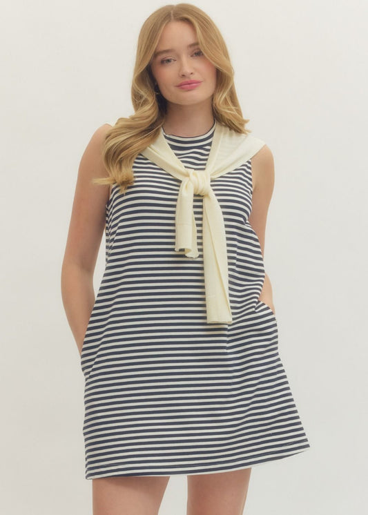 RILEY DRESS - CREAM/NAVY