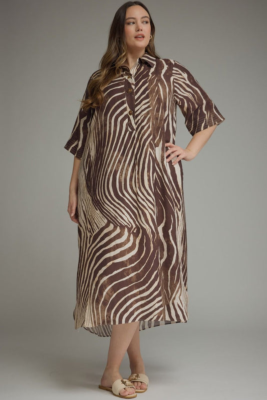 GRACIE DRESS-ZEBRA PRINT BROWN PLUS