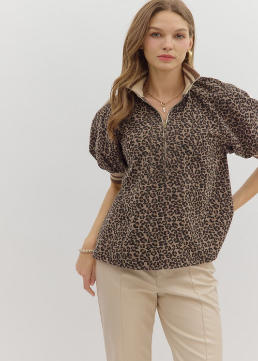 MAYLEE LEOPARD PUFF SLEEVE HALF-ZIP TOP: MOCHA