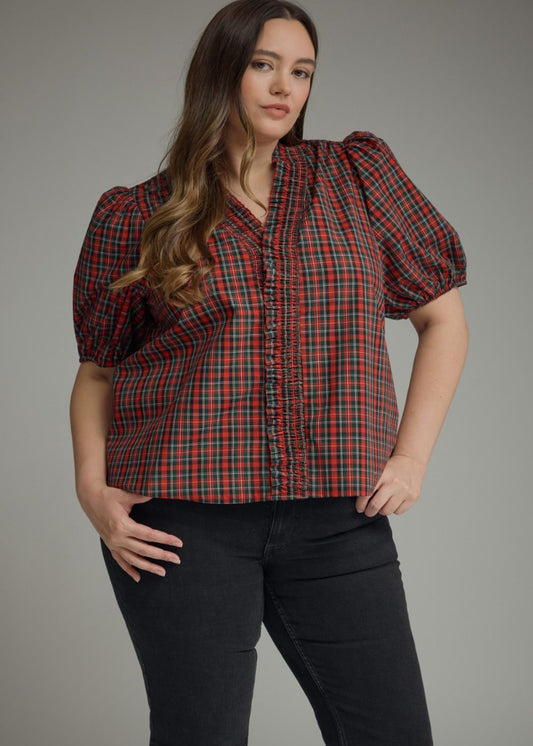 ELIZA TOP-RED PLAID PLUS