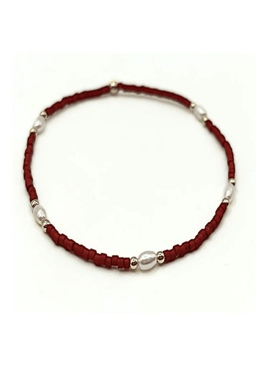 Game Day Gold-Filled & Natural Rice Pearls Waterproof Bracelets- CRIMSON