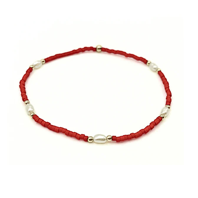 Game Day Gold-Filled & Natural Rice Pearls Waterproof Bracelets- Red