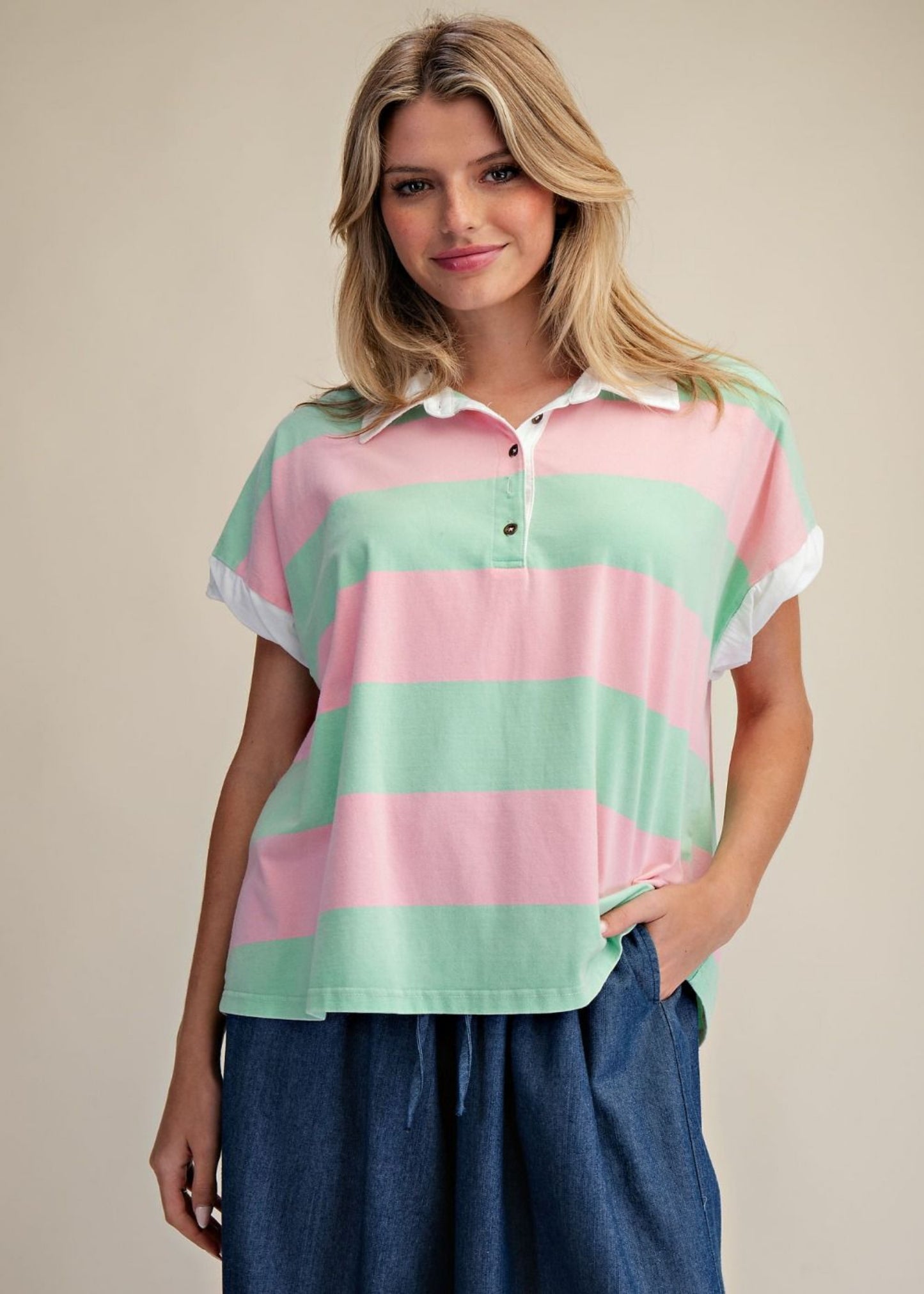 MIA STIPED WASHED TOP - SAGE PINK