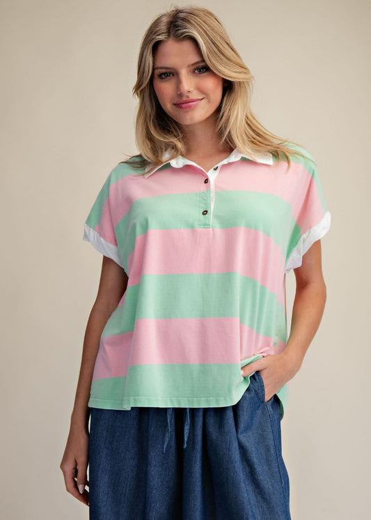 MIA STIPED WASHED TOP - SAGE PINK