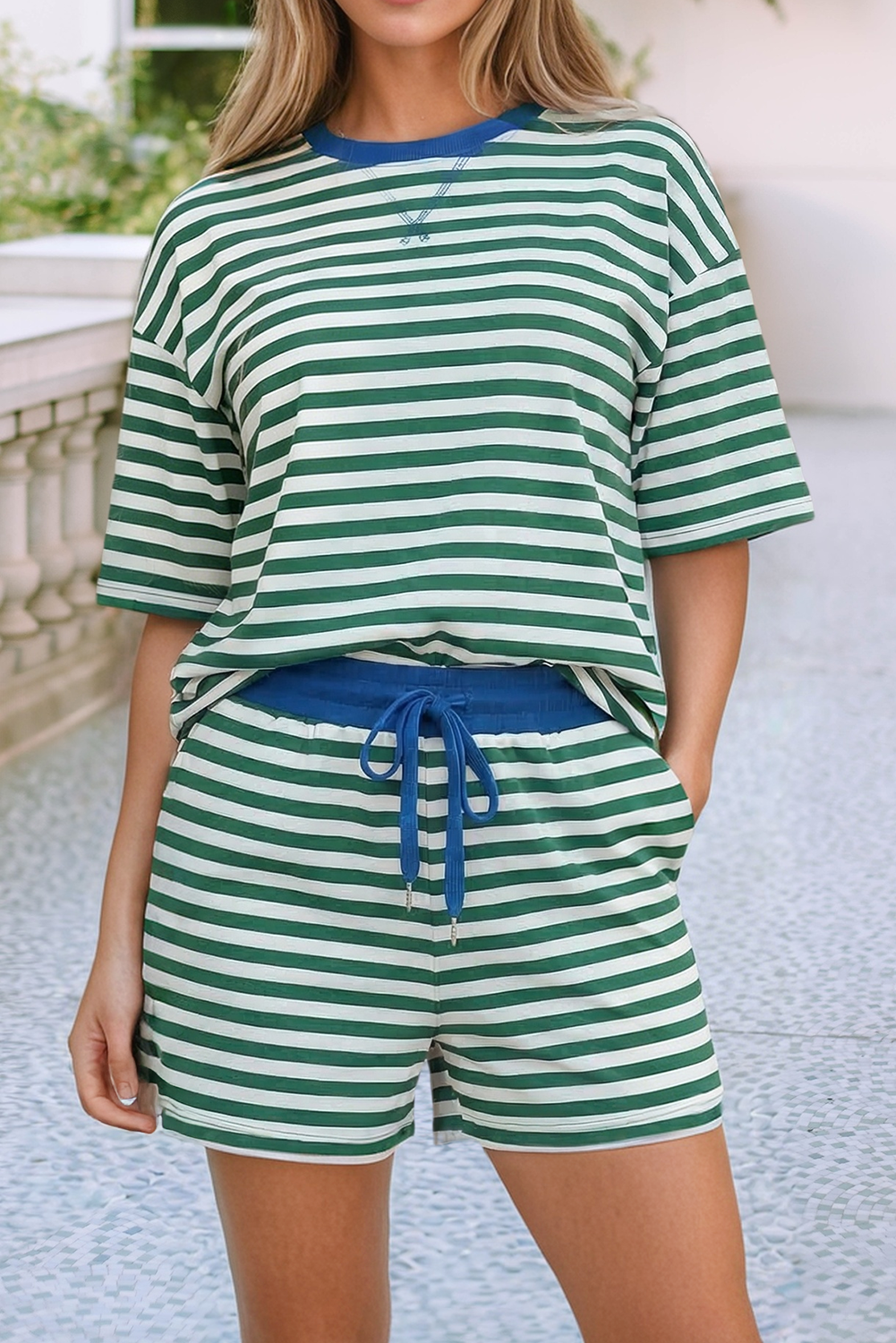 Stripe Drop Shoulder Boxy Casual Terry Short Set