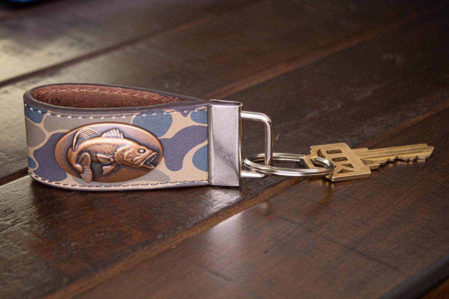 Bass Fishing Old School Camo Leather Loop Keychain.