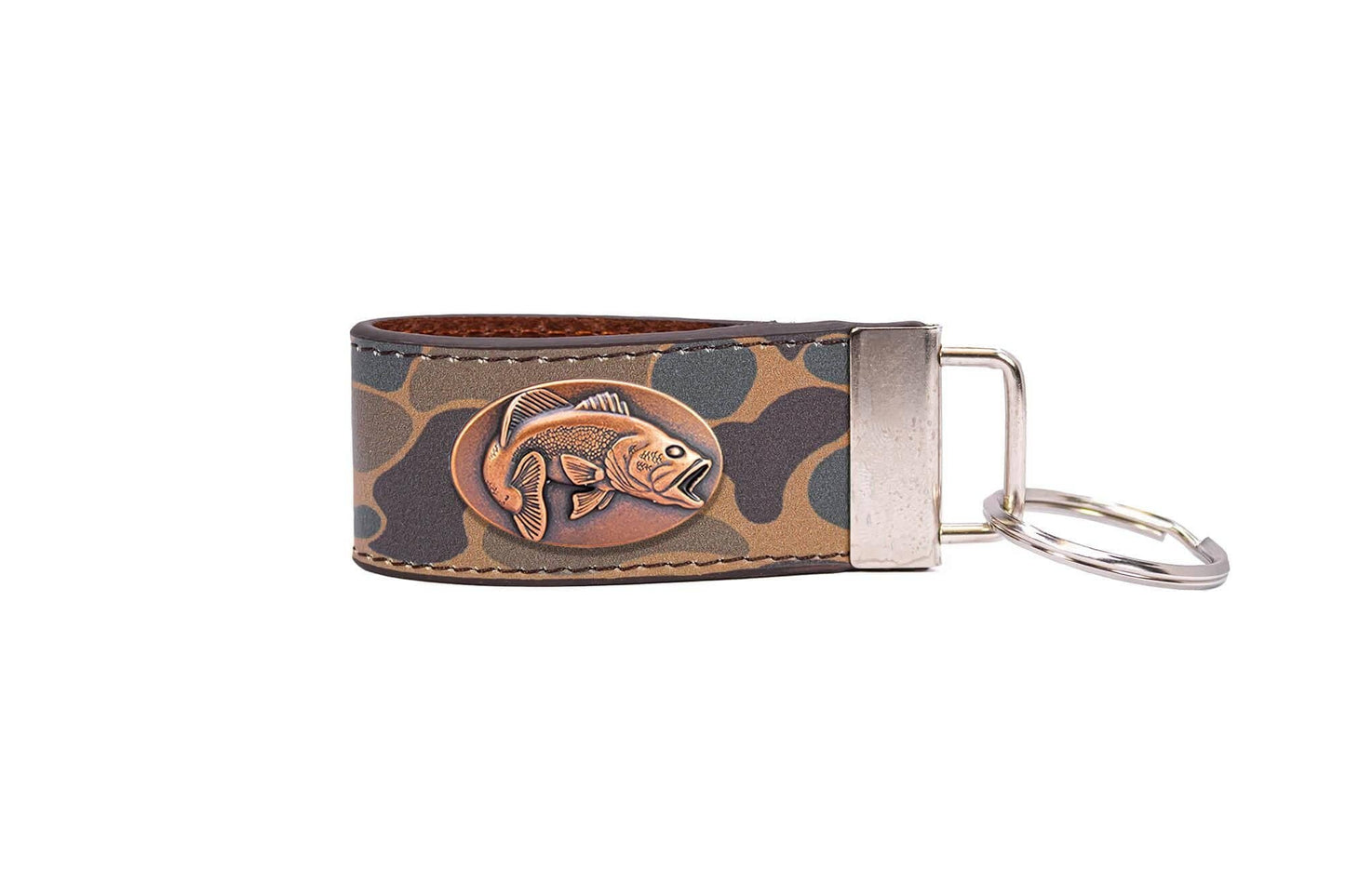 Bass Fishing Old School Camo Leather Loop Keychain.
