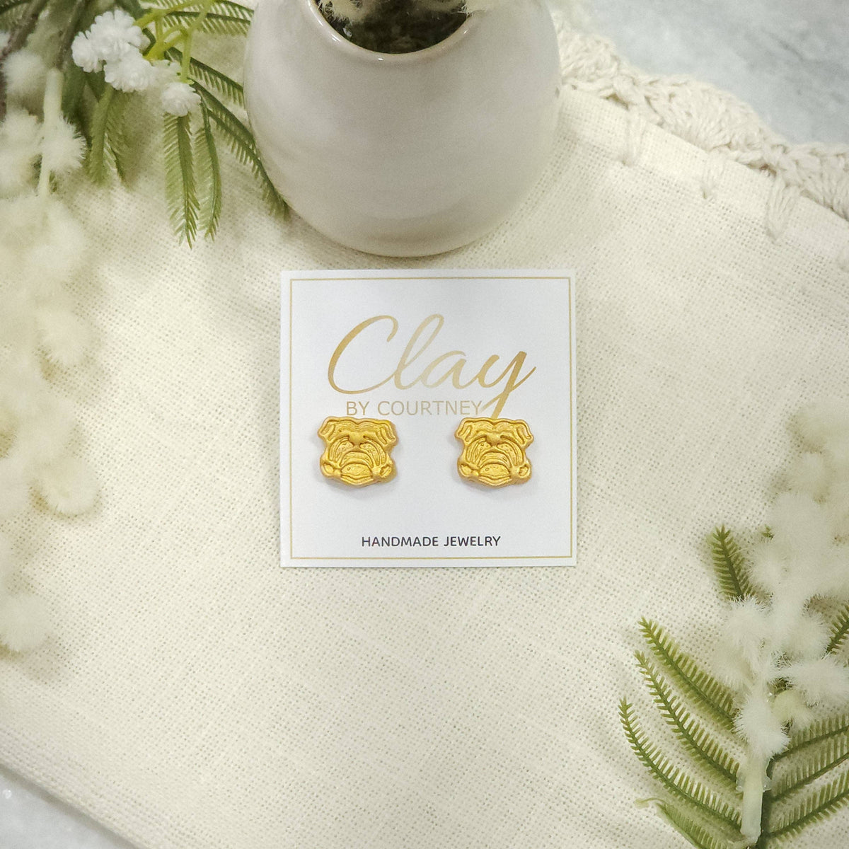 White and Gold Bulldog Earrings