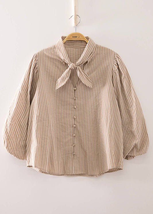 Striped Tie-Neck Puff Sleeve Blouse