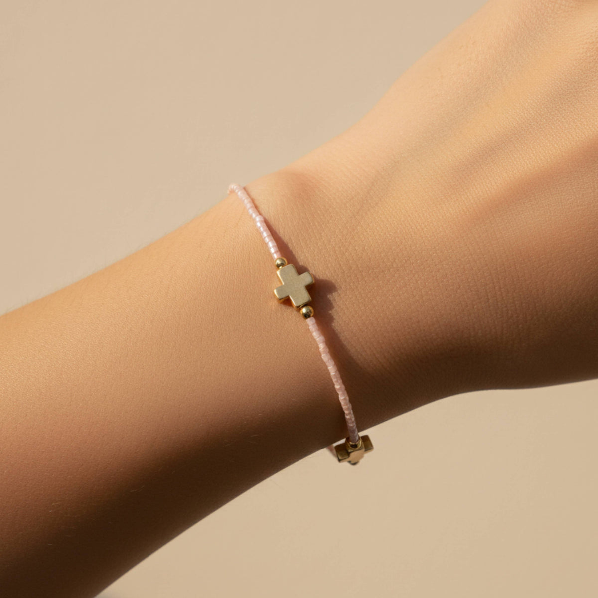 Faithful Beaded Cross Bangle w/ Matte Gold Crosses-Champagne
