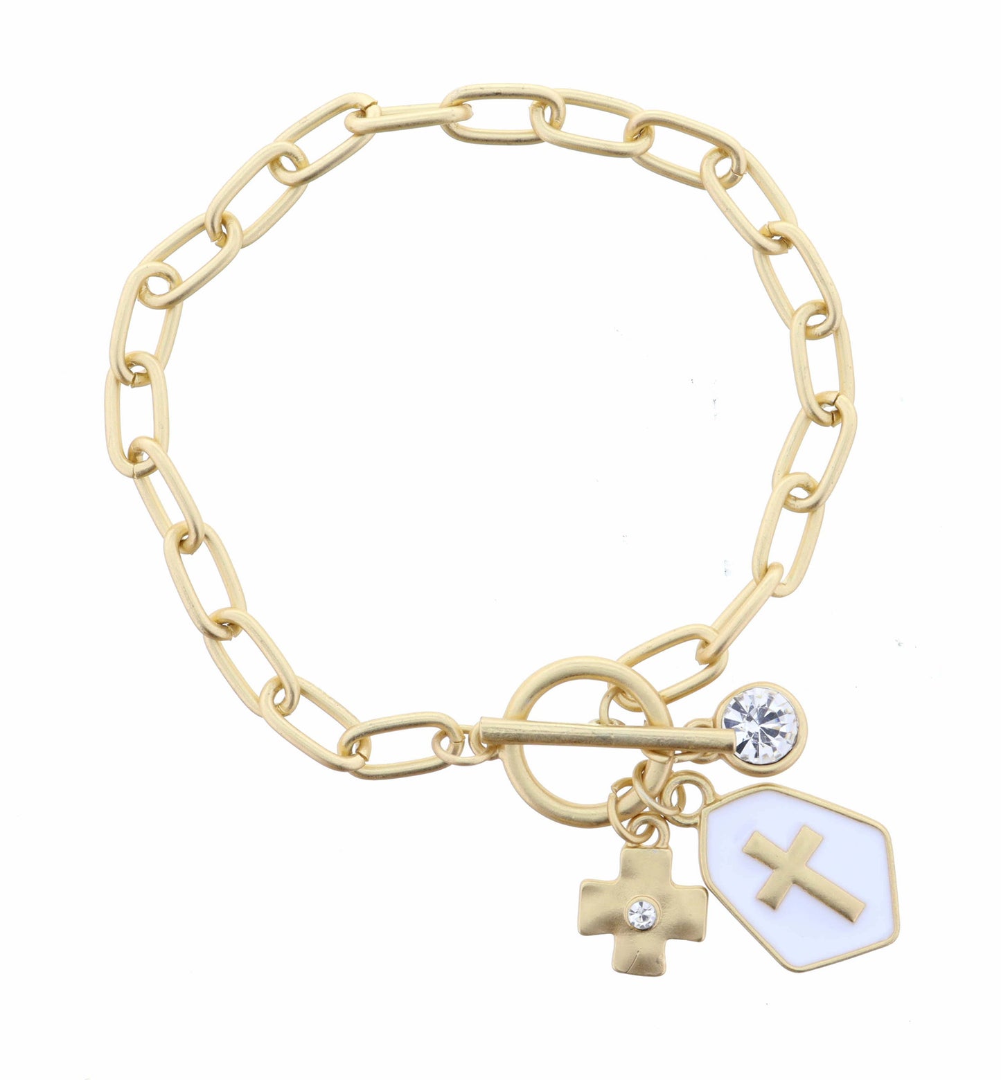 Gold Cross, White Hexagon with Cross, and Crystal Bracelet