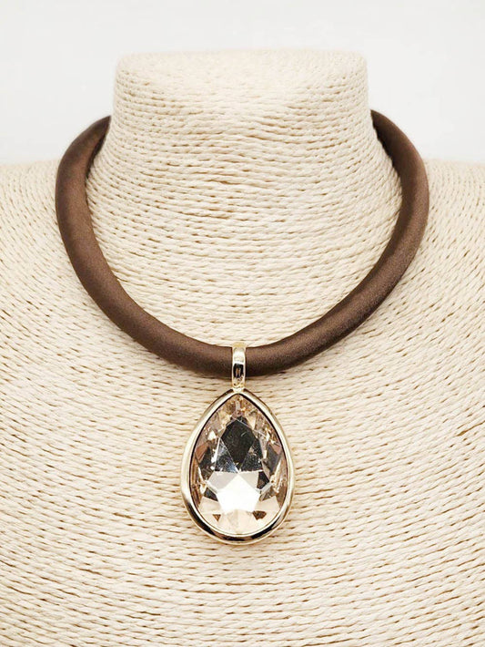 Brown Rubber Texture with 2" Topaz Teardrop 16"-18" Necklace