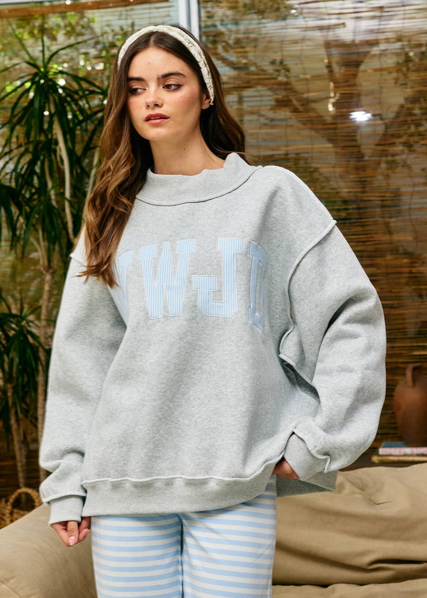 Stripe Embroidered "WWJD" Mock Neck Sweatshirt