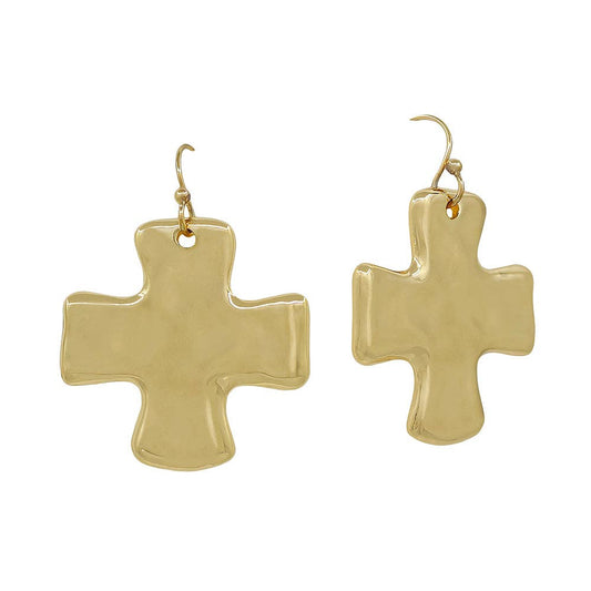 1" Hammered Gold Cross Metal Earring
