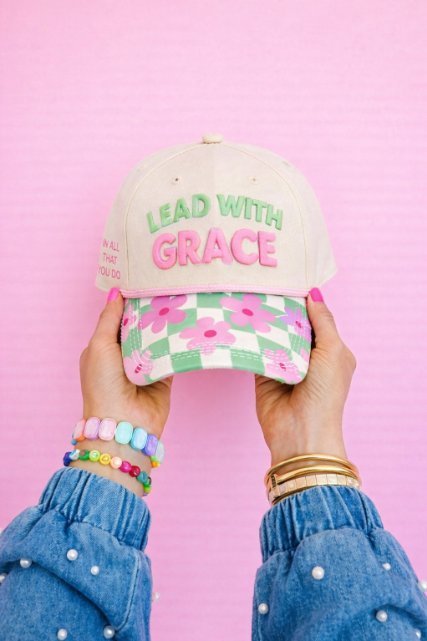 "Lead with Grace" on Tan Cap with Floral Checkered Bill