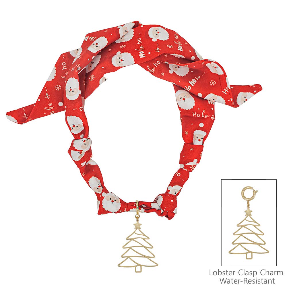 Christmas Santa Printed Silk Knotted Scarf Necklace with Gold Christmas Tree Removable Charm