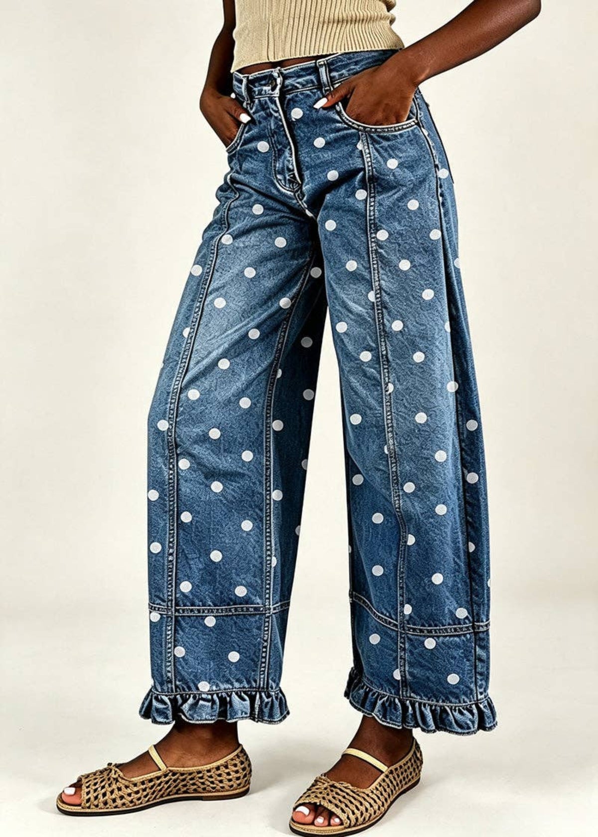 Polka Dot Ruffle Hem Baggy Jeans