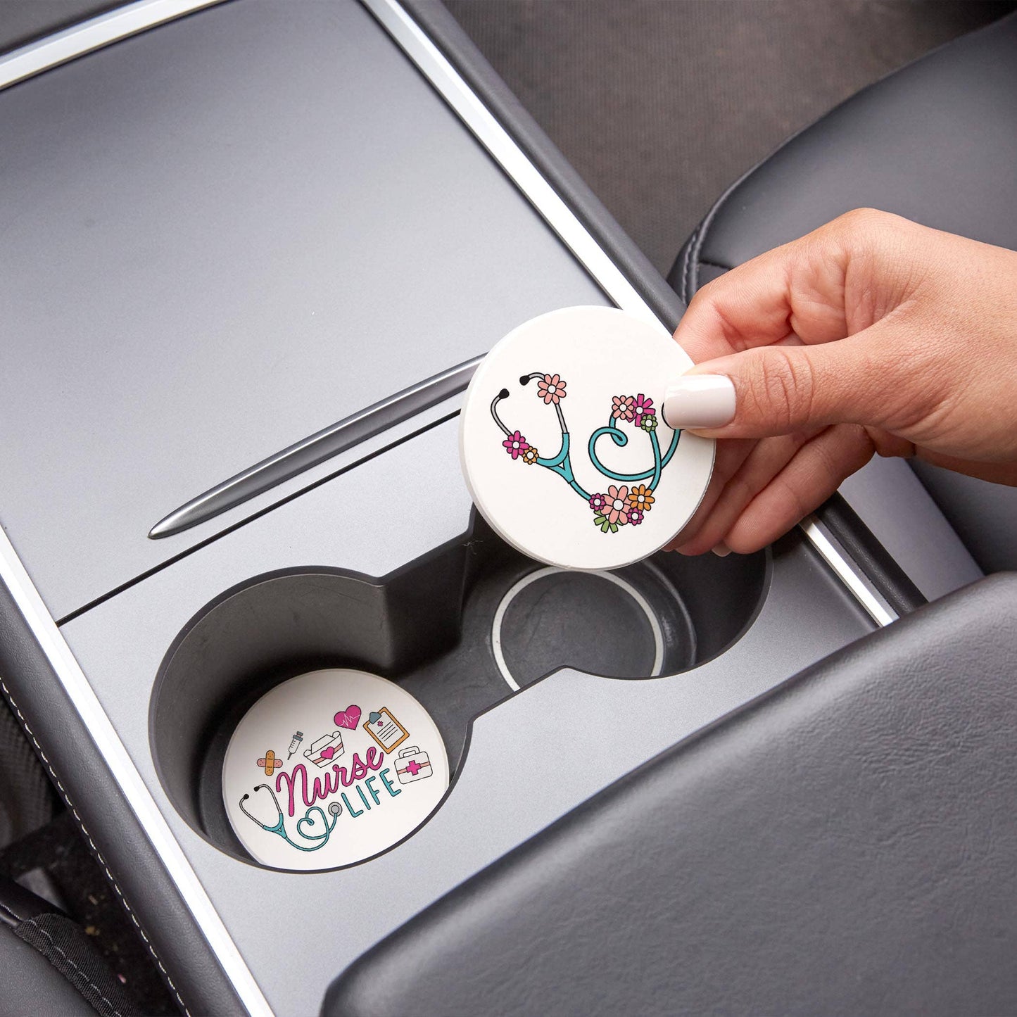 Car Coaster 2-Pack Kalia Lane-Nurse Life & Floral Stethoscope