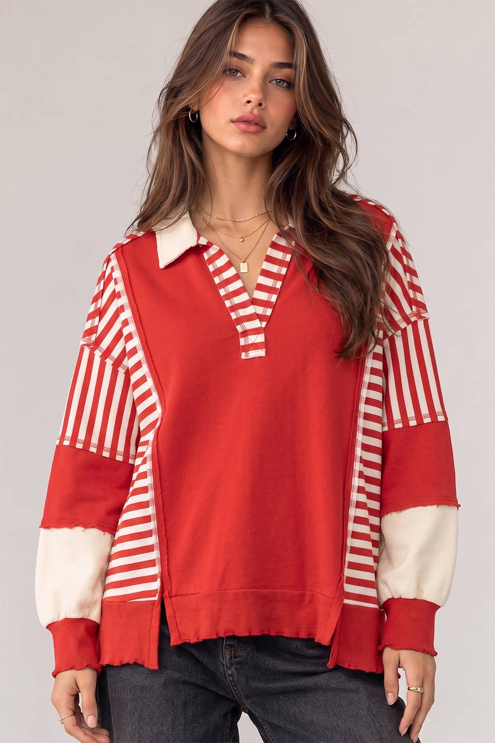 Vintage Stripe Rugby Sweatshirt - Heather Gray