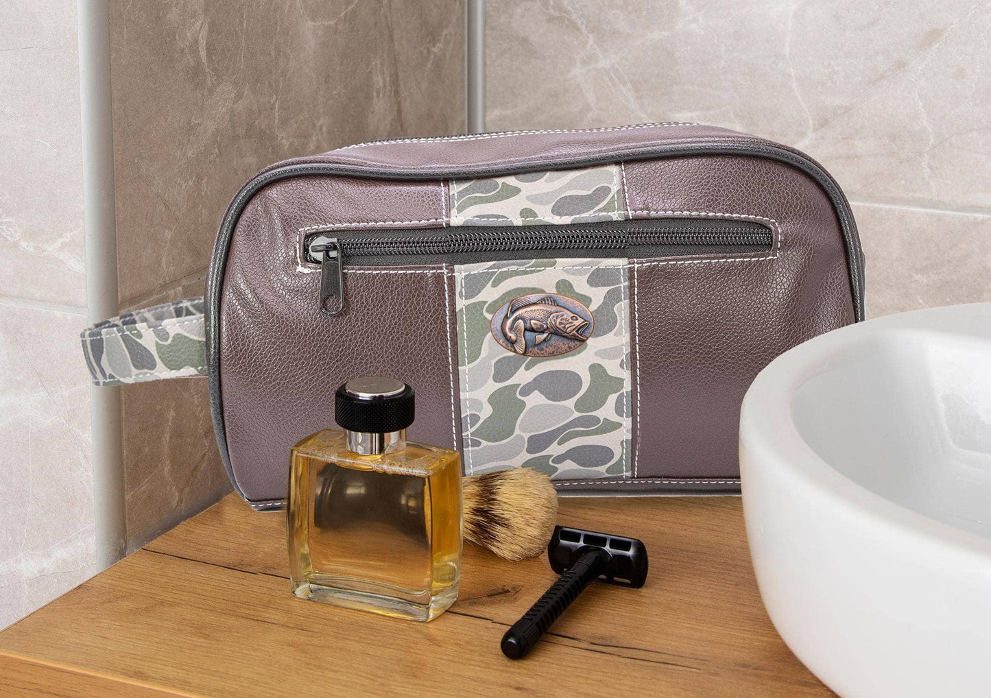 Bass Brown Pebble Old School Camo Men's Toiletry Dopp Bag.