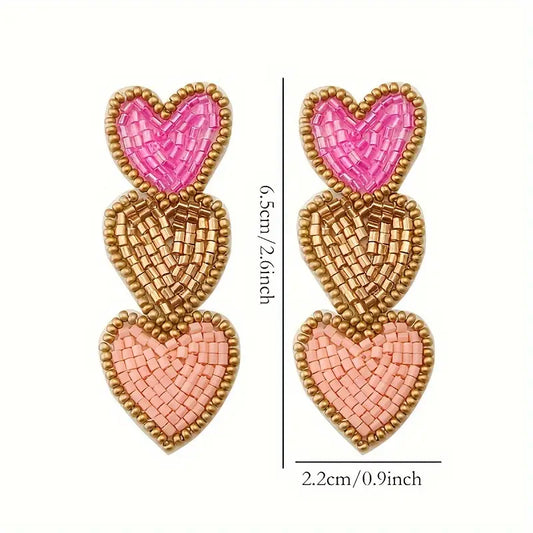 Intricate Heart-Shaped Beaded Earrings (PINK/GOLD)