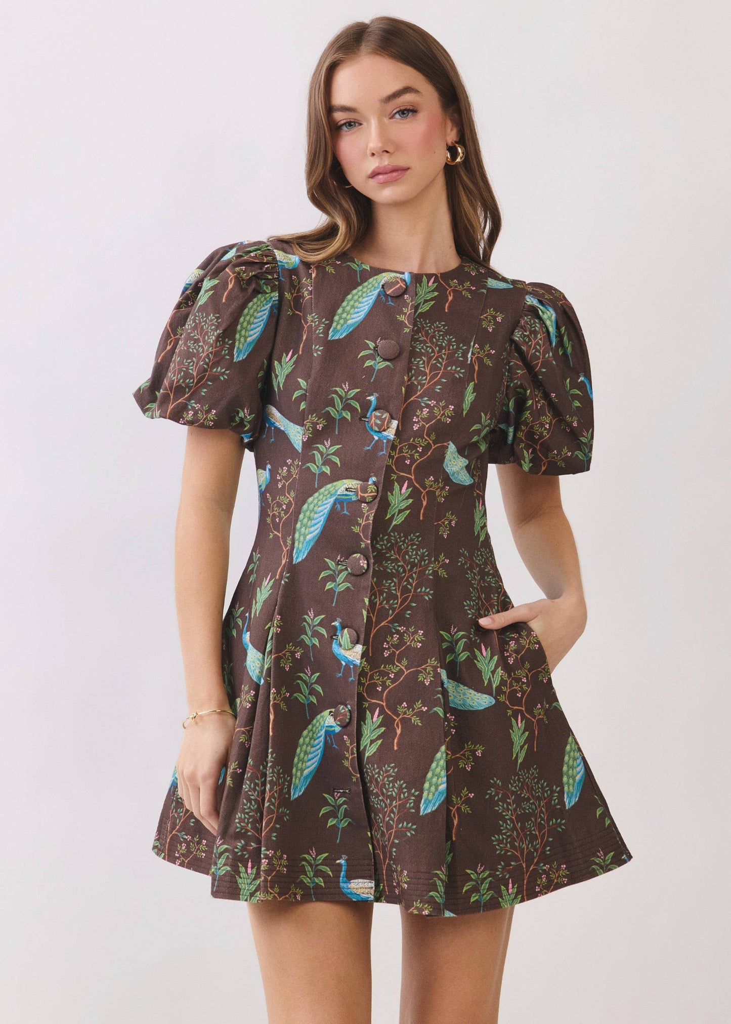 Peacock Print Puff Sleeve Button Down Mini Dress
