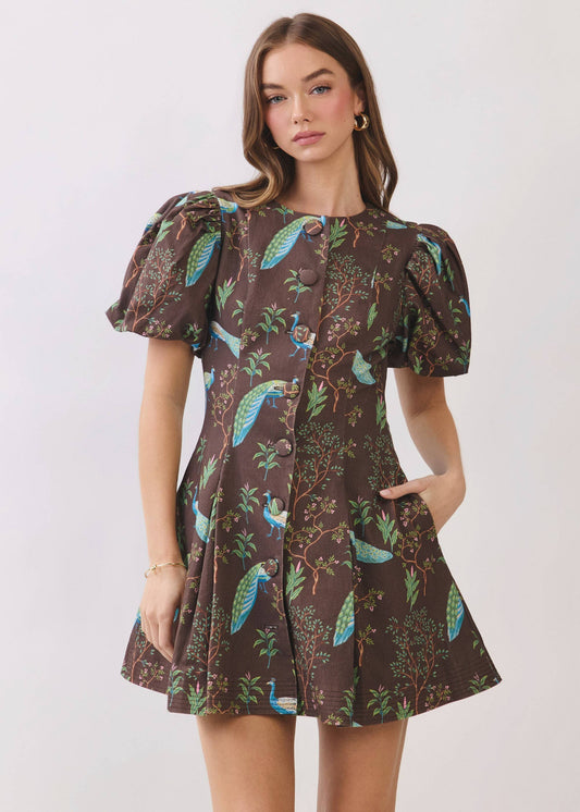 Peacock Print Puff Sleeve Button Down Mini Dress