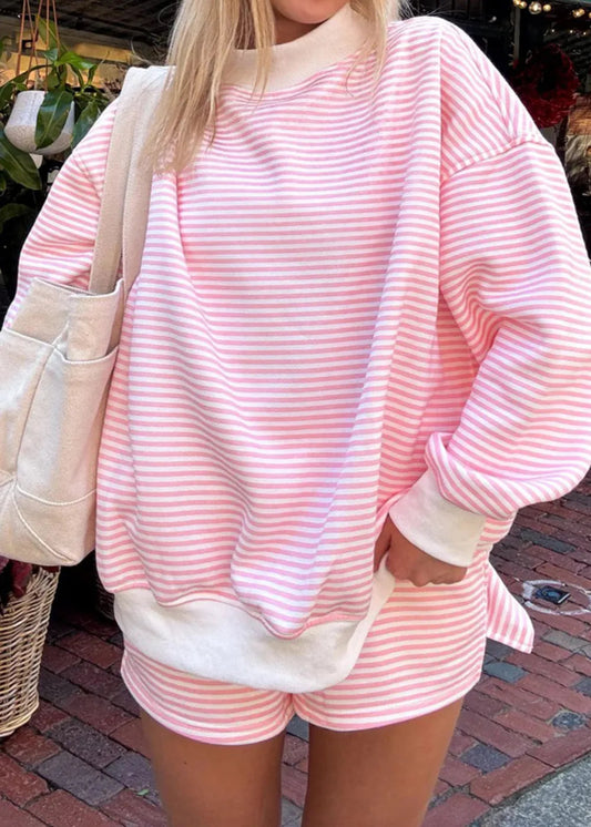 ELLIE MOCKNECK & SHORTS SET - STRIPE PINK AND WHITE
